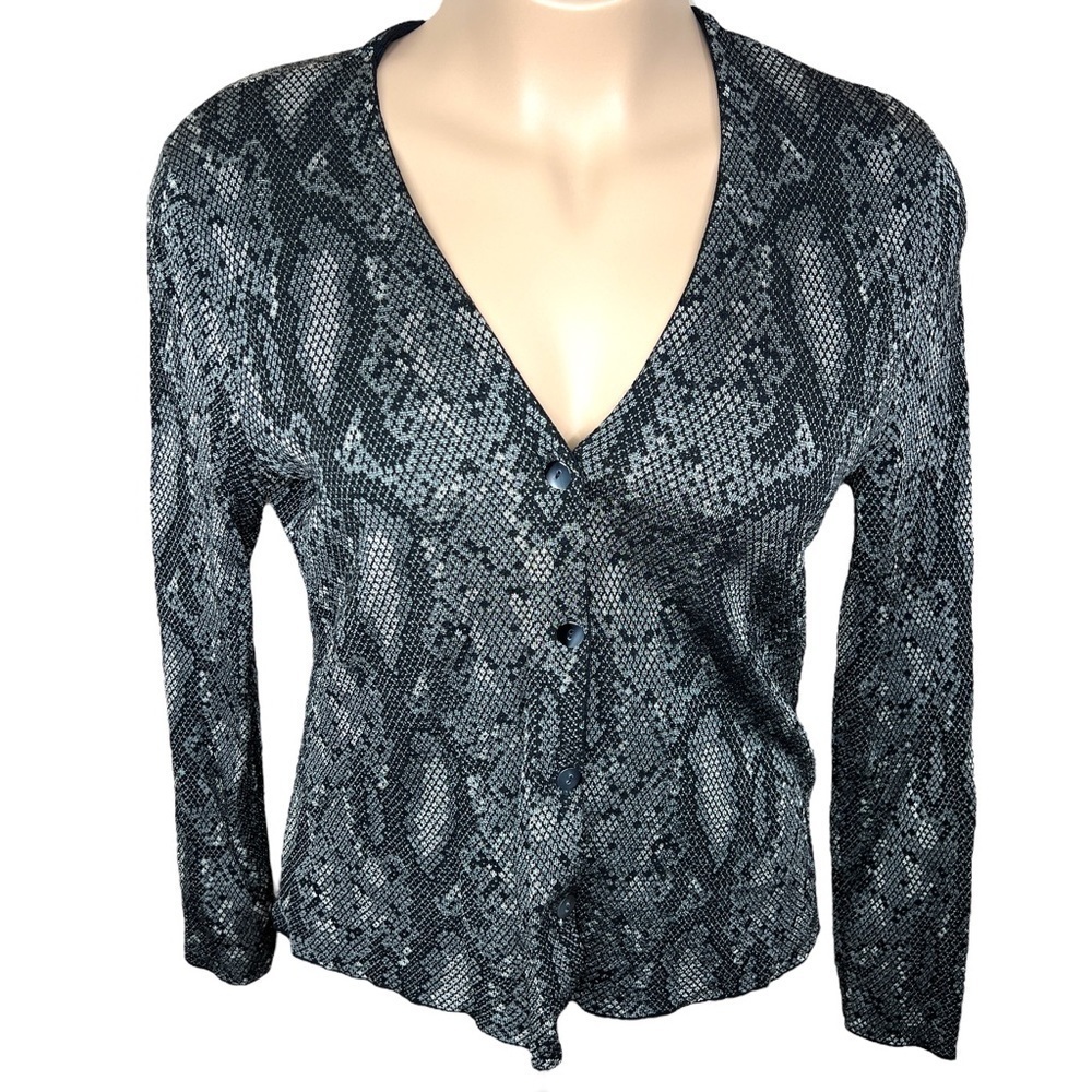 XL Vintage Jones New York Black Grey Snakeskin Print Cardigan Sweater Knit